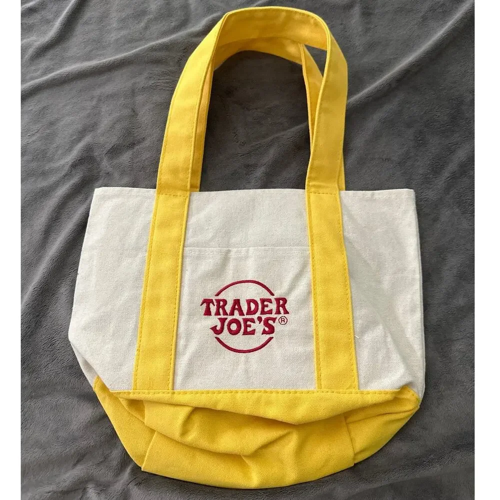Trader Joes Mini Tote Canvas Yellow Trim Logo Graphic Double Handles Grocery